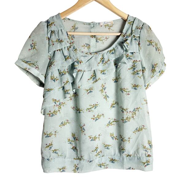 Freebird Light Blue Sheer Floral Bird Ruffled Short Sleeve Blouse Size S - Picture 1 of 8